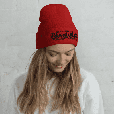Red Live Simple Bloom Wild Beanie with Black Embroidered Letters and Flowers by Susan Harkins