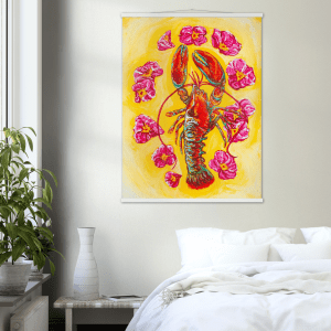 Beach Rose Lobster Painting Printed Poster Hanging Kit by Maine Artist Susan Harkins