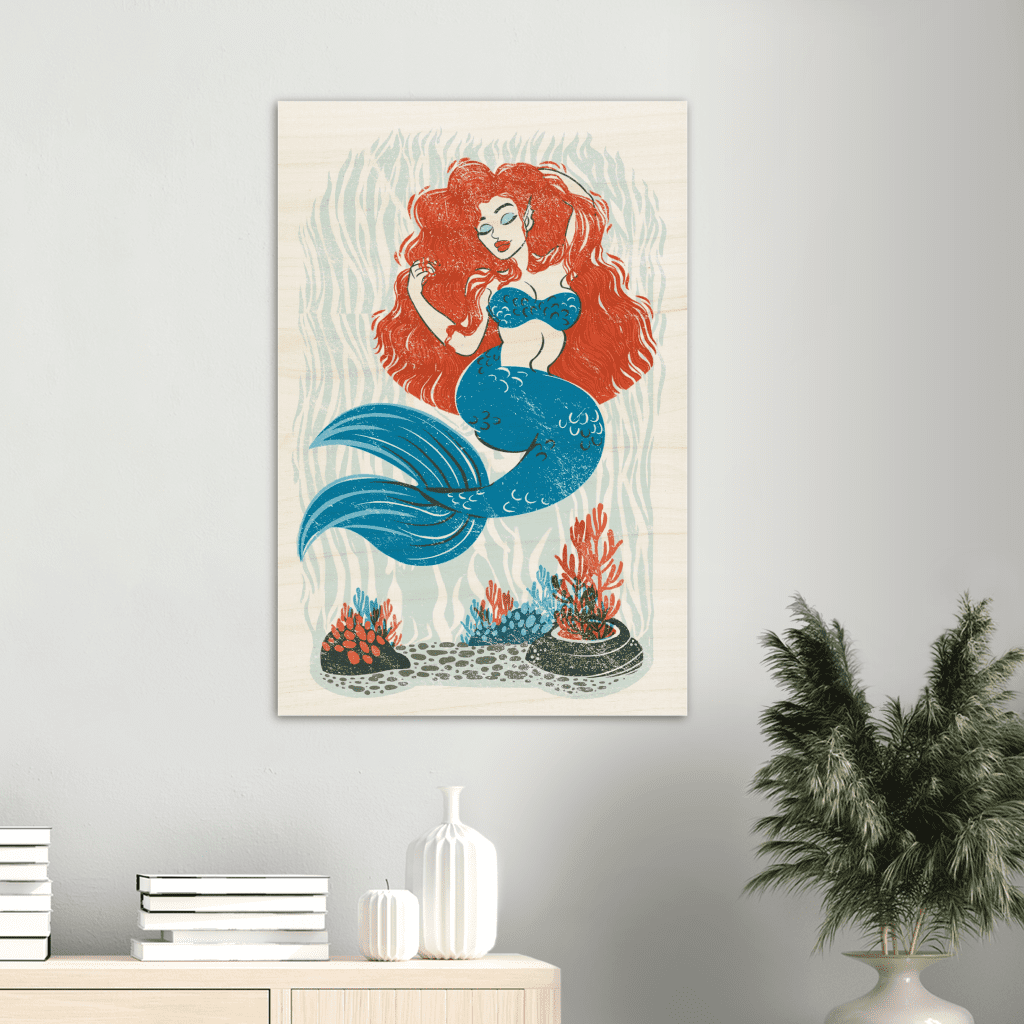 Coral Mermaid Vintage Print Wood Panel